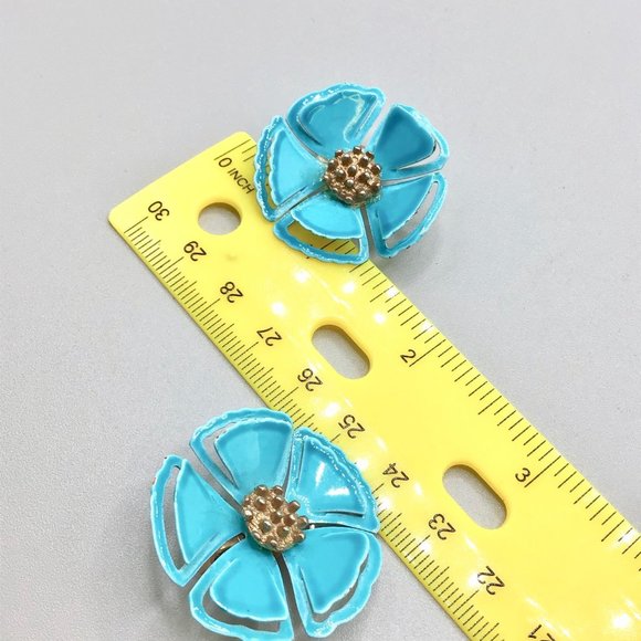 Teal Blue Enamel Flowers Earrings Clip On Flower Power 70s Fun Colorful Jewelry - Picture 8 of 9